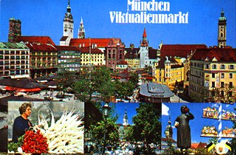 Mnchen - Viktualienmarkt mit Blick auf die Frauenkirche, Pfarrkirche St. Peter, Neues und Altes Rathaus und Heiliggeistkirche.
